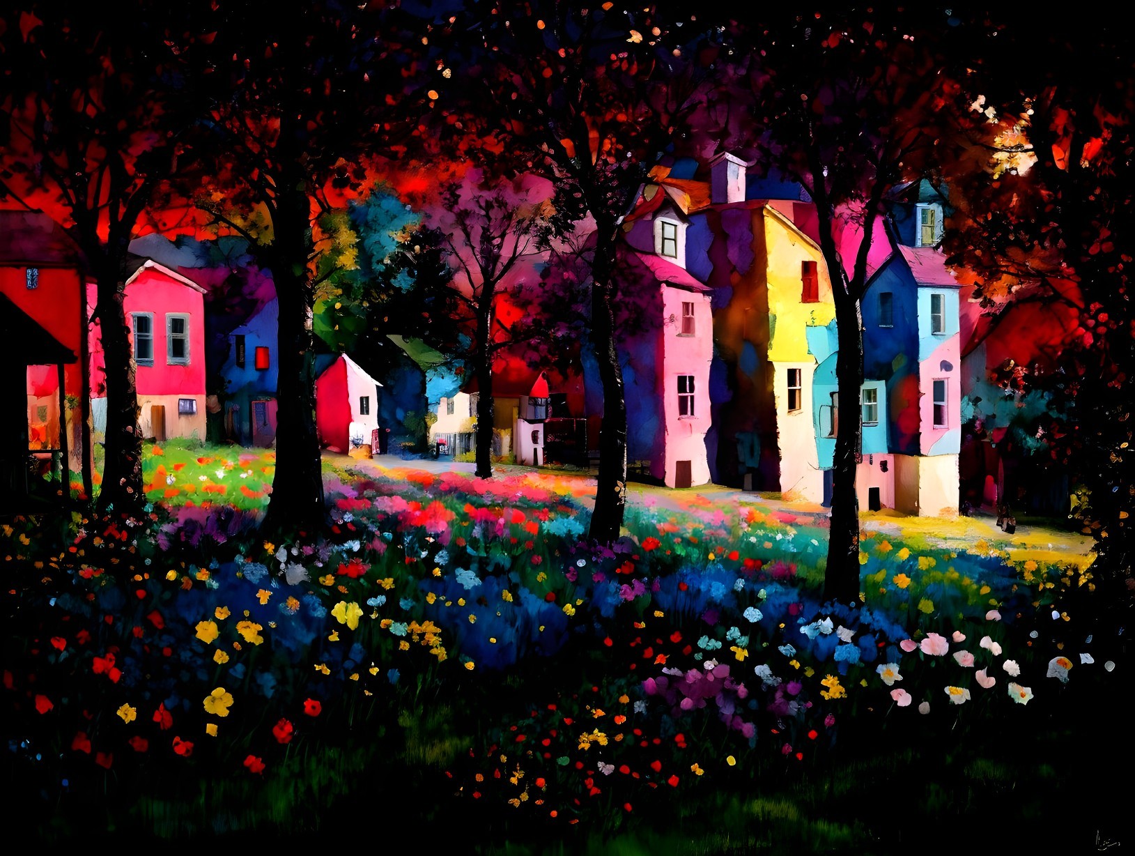 Colorful Houses in Lively Forest with Floral Foreground under Dark Sky