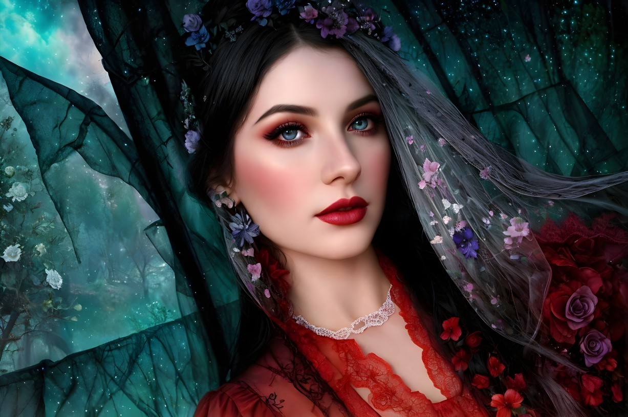 Woman in red lace dress with striking makeup in mystical forest setting