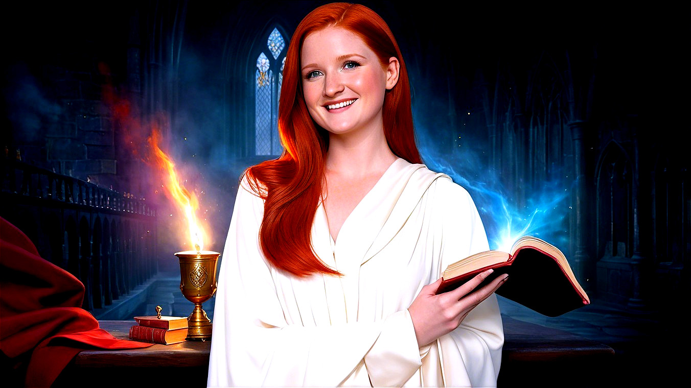 Young Woman in White Robe Surrounded by Mystical Flames