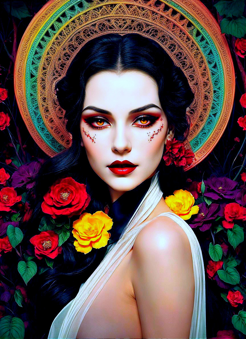 Striking Woman with Flowers and Bold Makeup