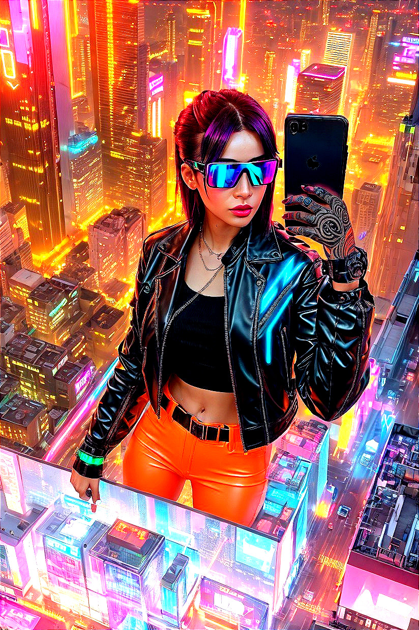 Futuristic Rooftop Selfie with Cyberpunk Aesthetic