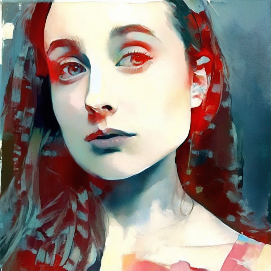Digitally Painted Portrait of a Pale Woman with Red Accents