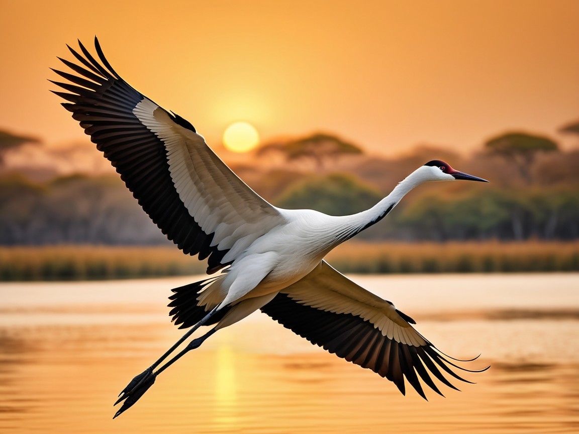 Majestic Crane Against Vibrant Sunset Landscape