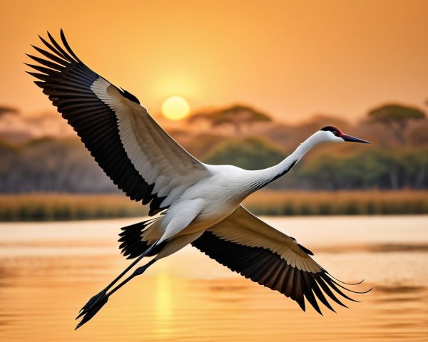 Majestic Crane Against Vibrant Sunset Landscape