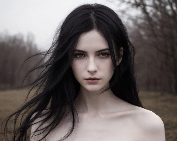Young woman in a misty landscape with serene features