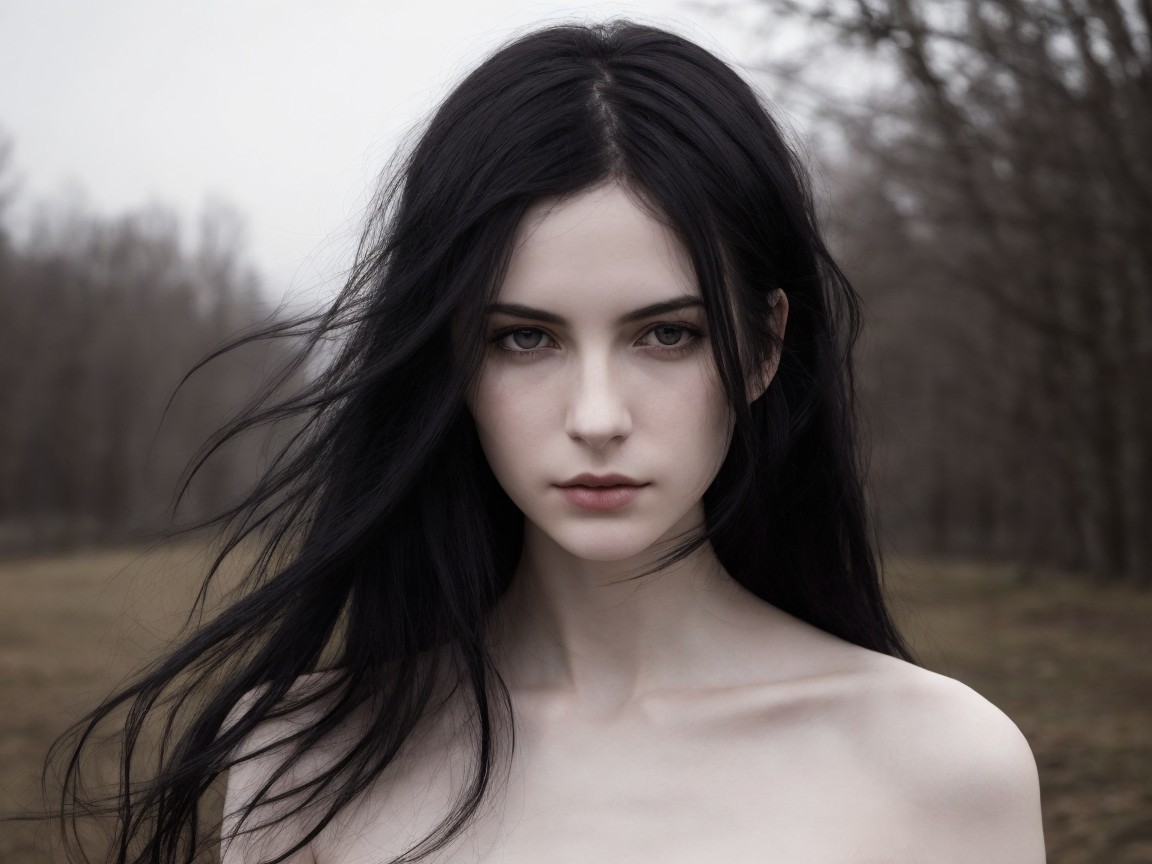 Young woman in a misty landscape with serene features