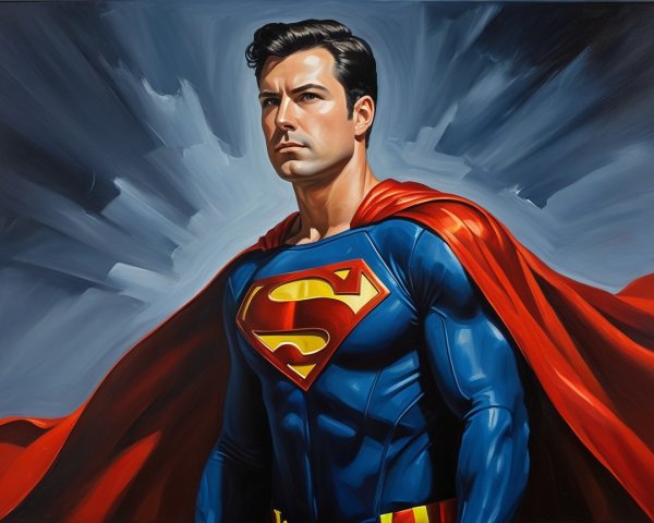 Heroic figure in blue suit with red cape and clouds
