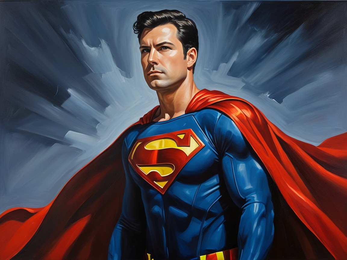 Heroic figure in blue suit with red cape and clouds