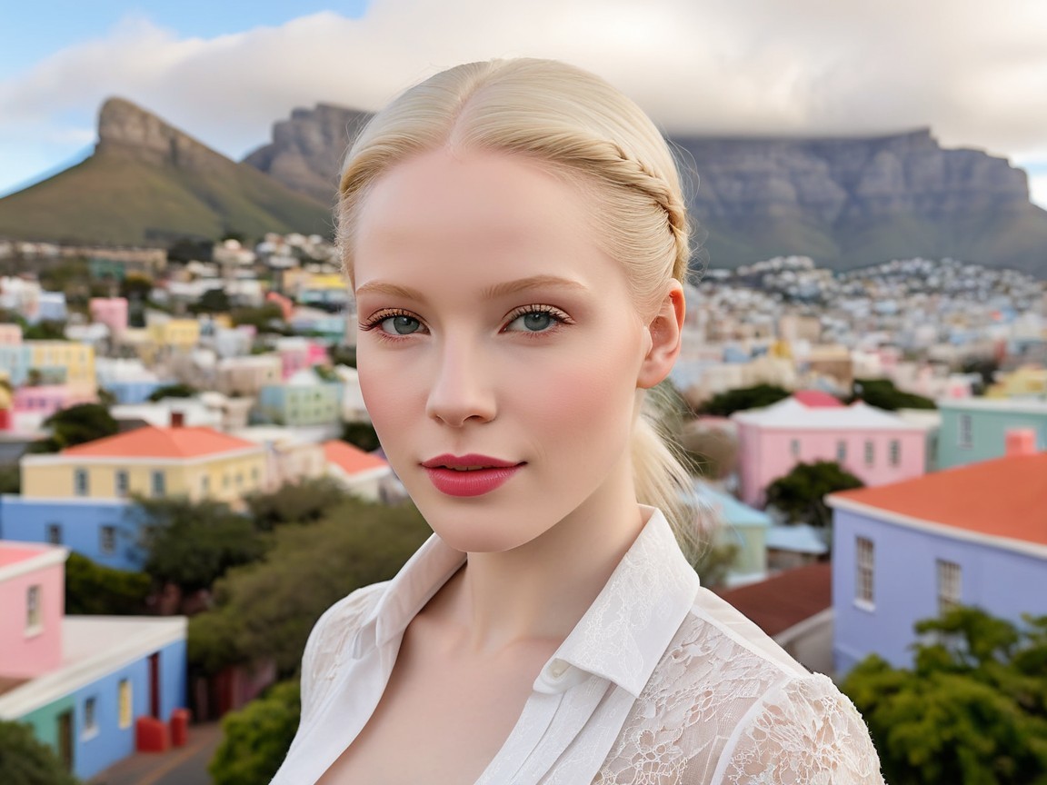 Young Woman Posing with Colorful Buildings and Mountains