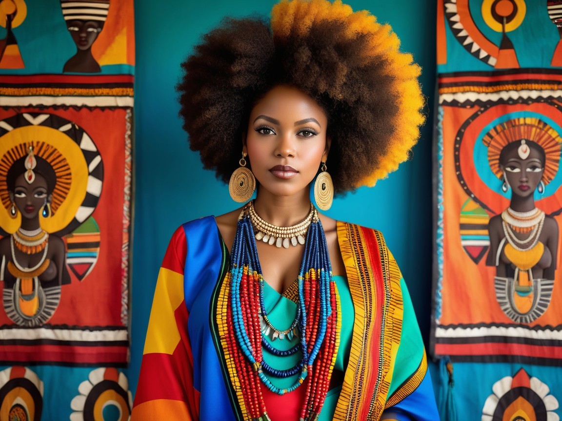 Woman with Voluminous Afro and Colorful Attire