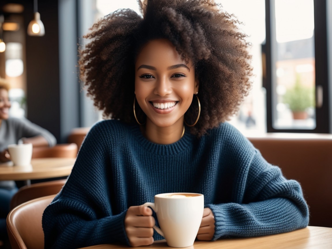 Young woman in cozy café with coffee and smile