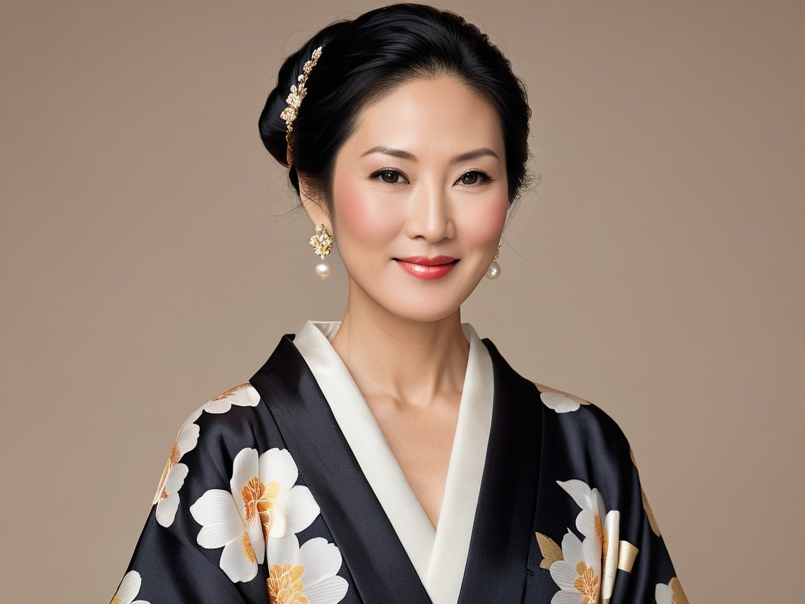 Elegant Woman in Black Kimono with Floral Patterns