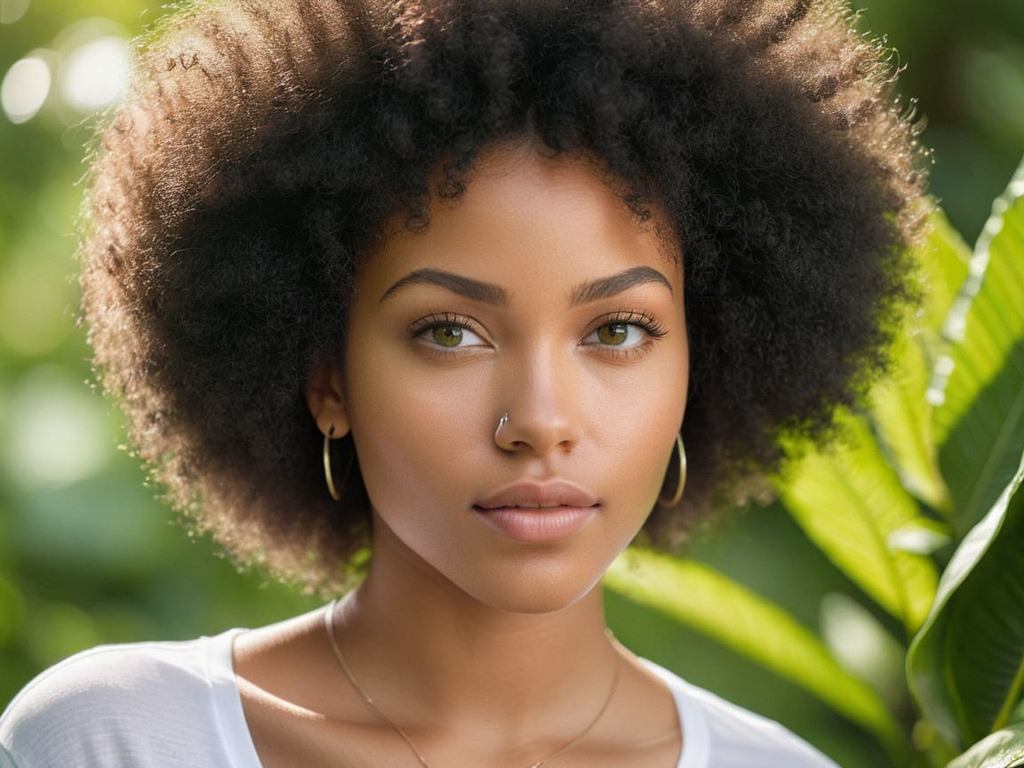 Young Woman with Curly Hair in Nature Setting