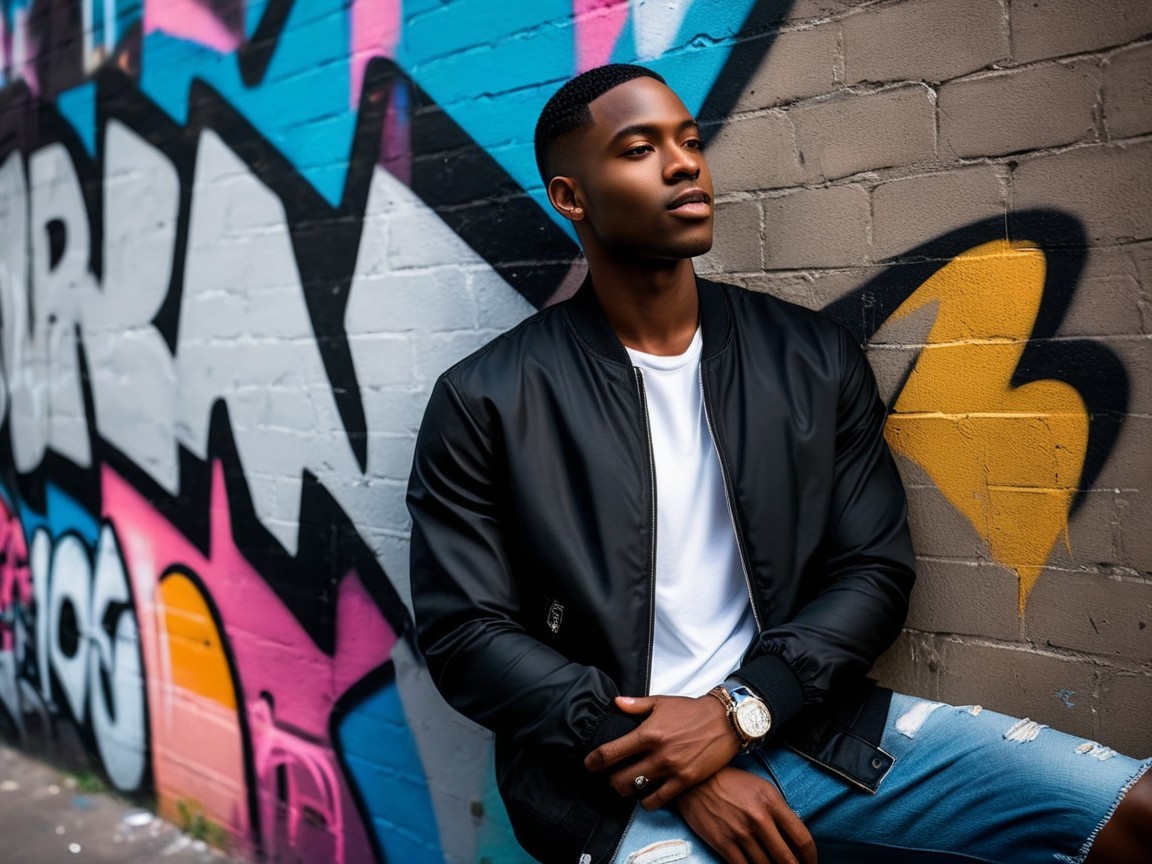 Young man in bomber jacket by colorful graffiti wall