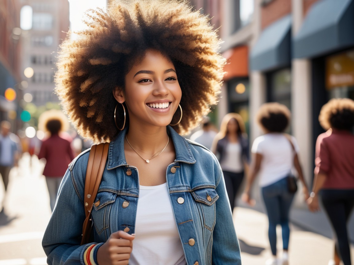 Young woman with afro in vibrant urban setting