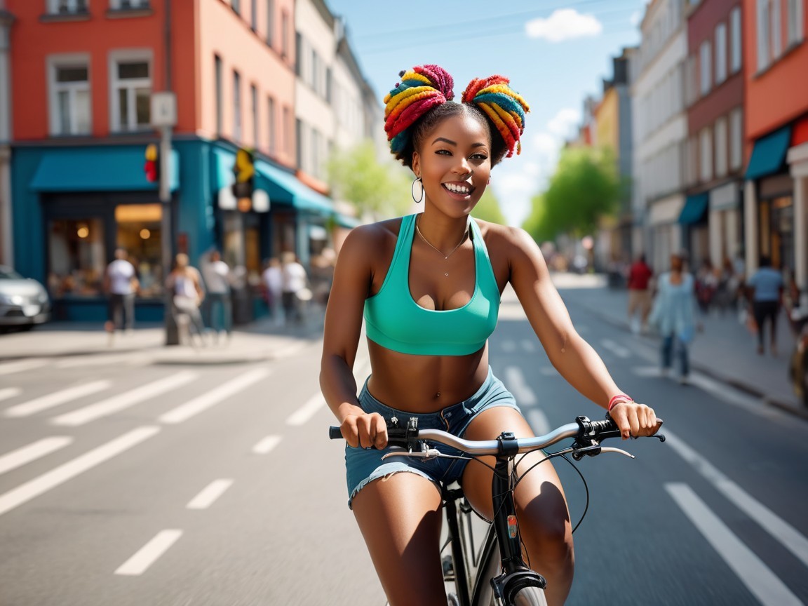 Young woman with colorful hair riding bicycle in city