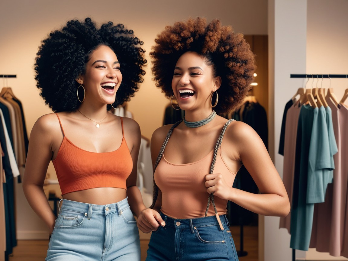Cheerful Women in Trendy Boutique with Curly Hair
