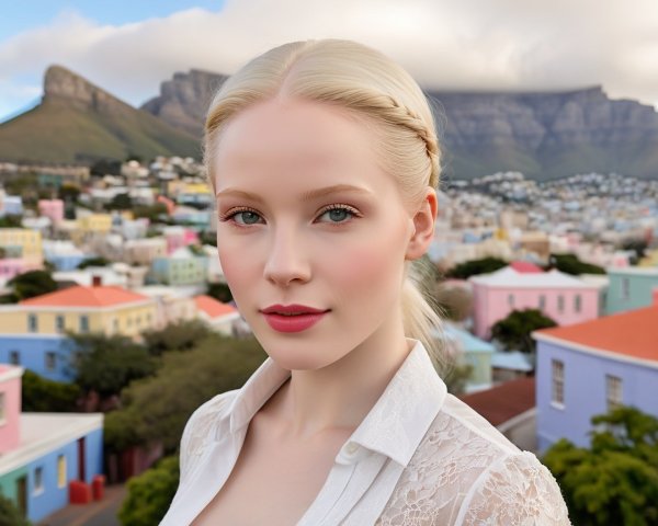 Young Woman Posing with Colorful Buildings and Mountains
