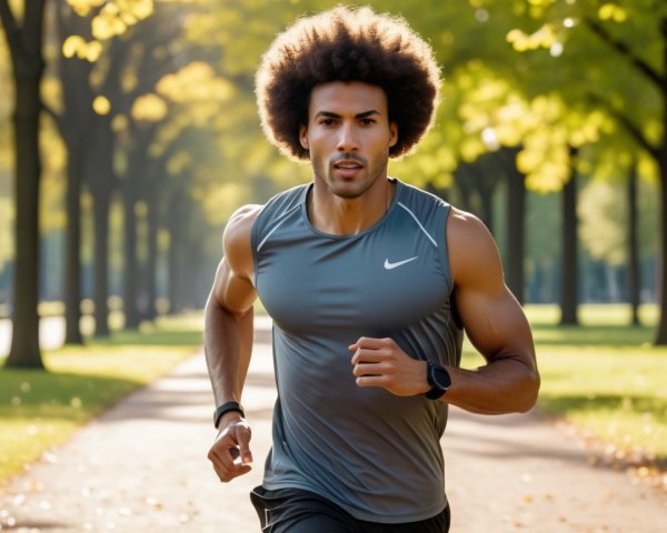 Fit Man Running on Tree-Lined Park Pathway