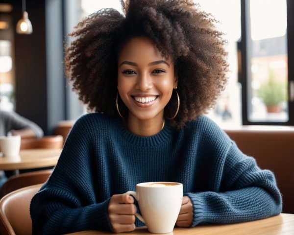 Young woman in cozy café with coffee and smile