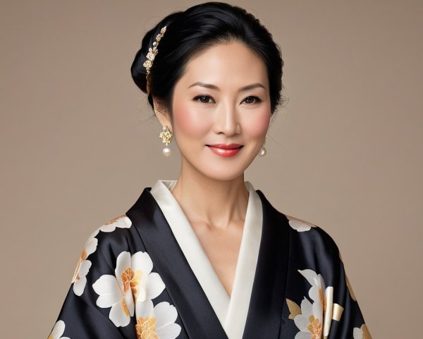 Elegant Woman in Black Kimono with Floral Patterns