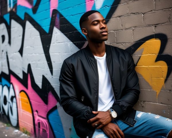 Young man in bomber jacket by colorful graffiti wall