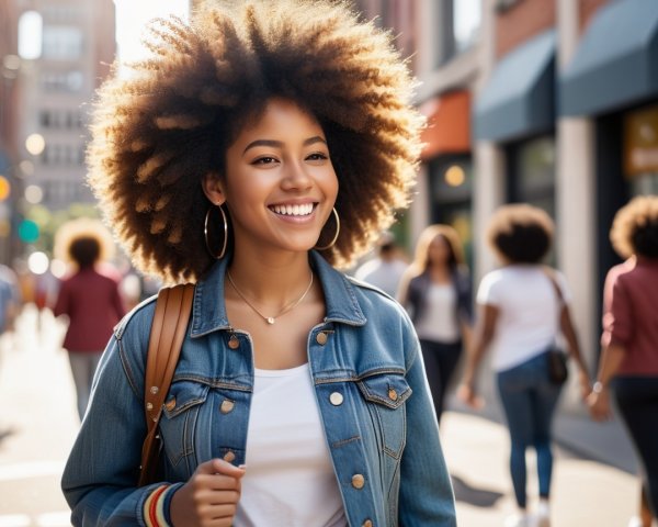 Young woman with afro in vibrant urban setting