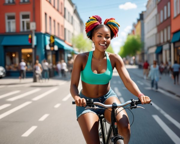 Young woman with colorful hair riding bicycle in city
