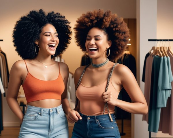 Cheerful Women in Trendy Boutique with Curly Hair