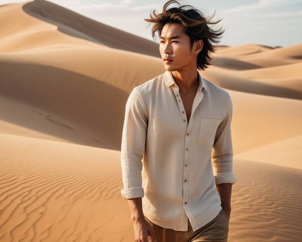 Young man in desert landscape with sand dunes