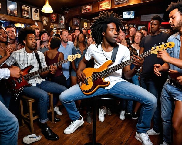Lively Bar Scene with Diverse Patrons and Live Music