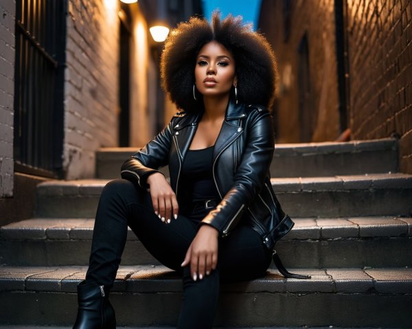 Young Woman with Afro Hairstyle in Urban Alley