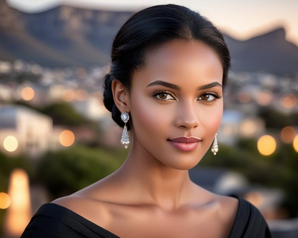 Portrait of a Woman with Elegant Features and Cityscape