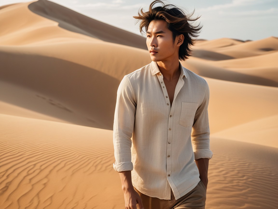 Young man in desert landscape with sand dunes