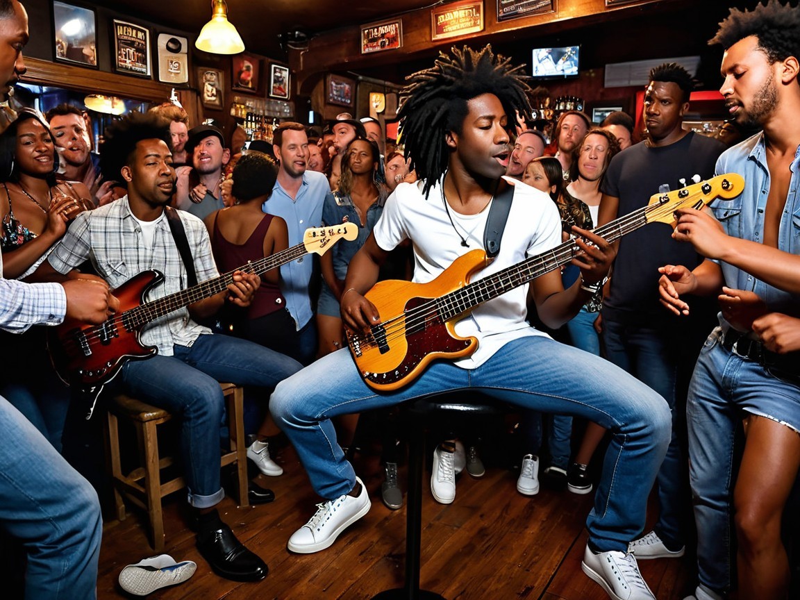 Lively Bar Scene with Diverse Patrons and Live Music