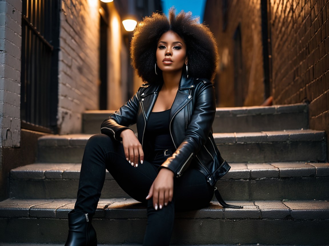 Young Woman with Afro Hairstyle in Urban Alley