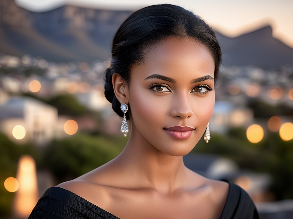 Portrait of a Woman with Elegant Features and Cityscape