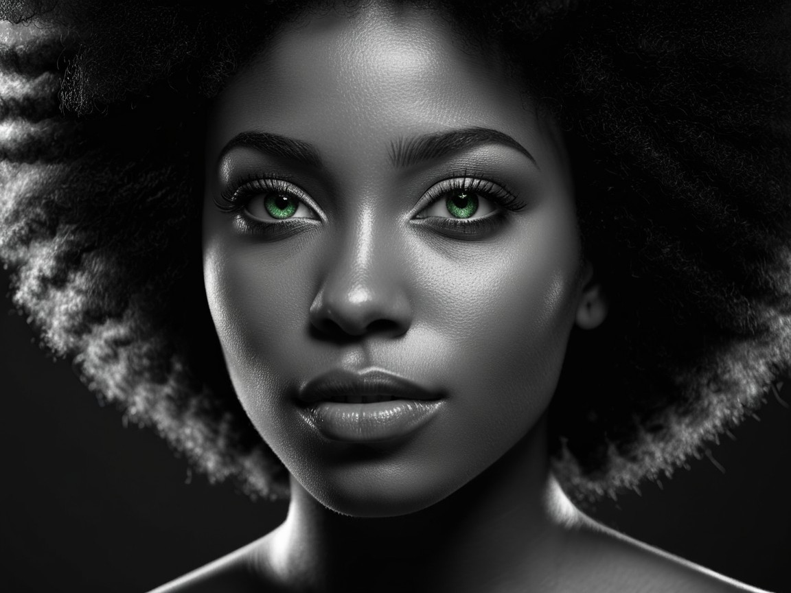 Portrait of a Young Woman with Green Eyes and Afro