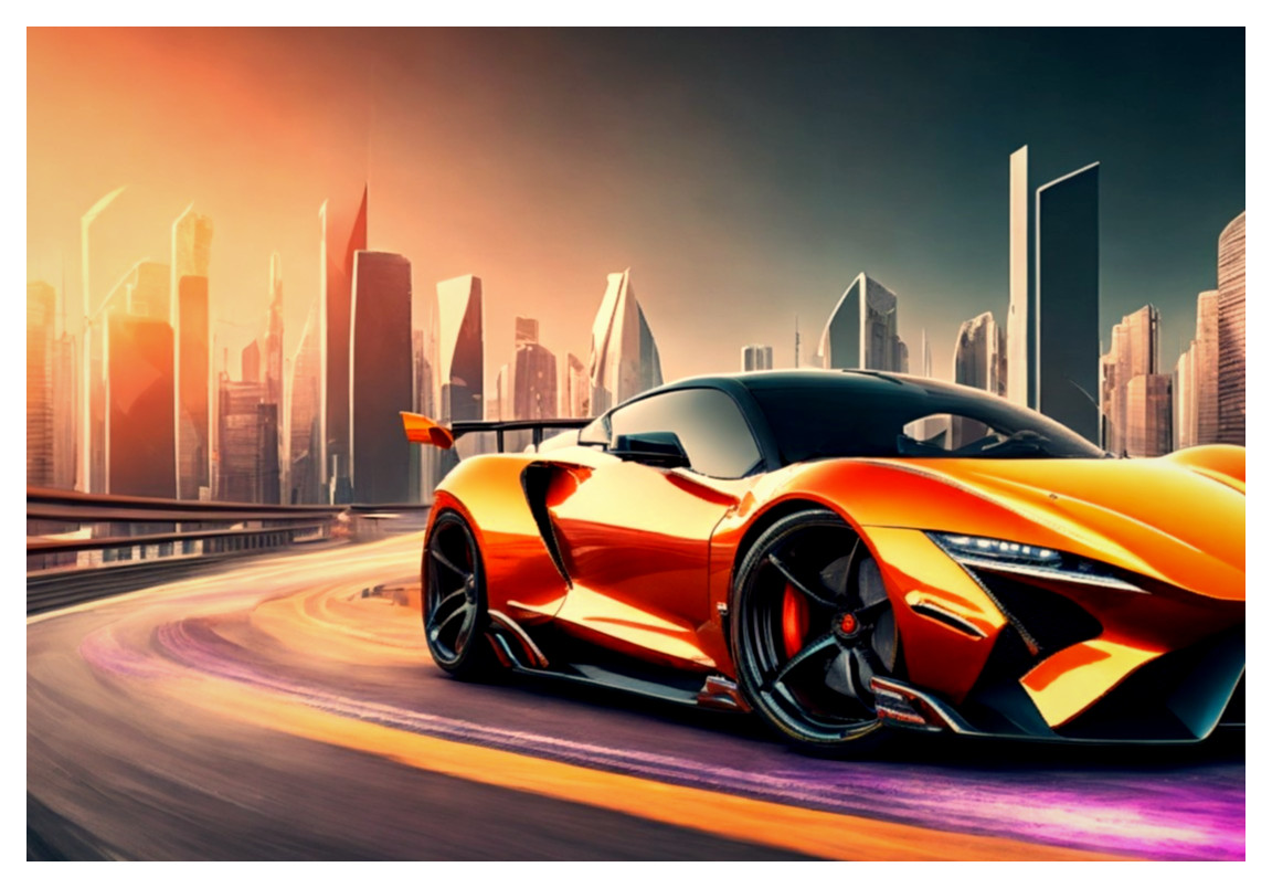 Orange Supercar Against Futuristic City Skyline