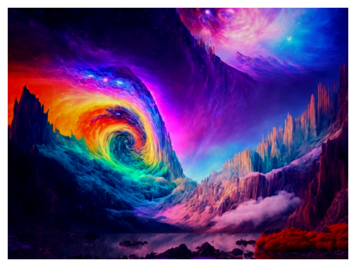 Vibrant Cosmic Landscape with Galaxies and Mountains
