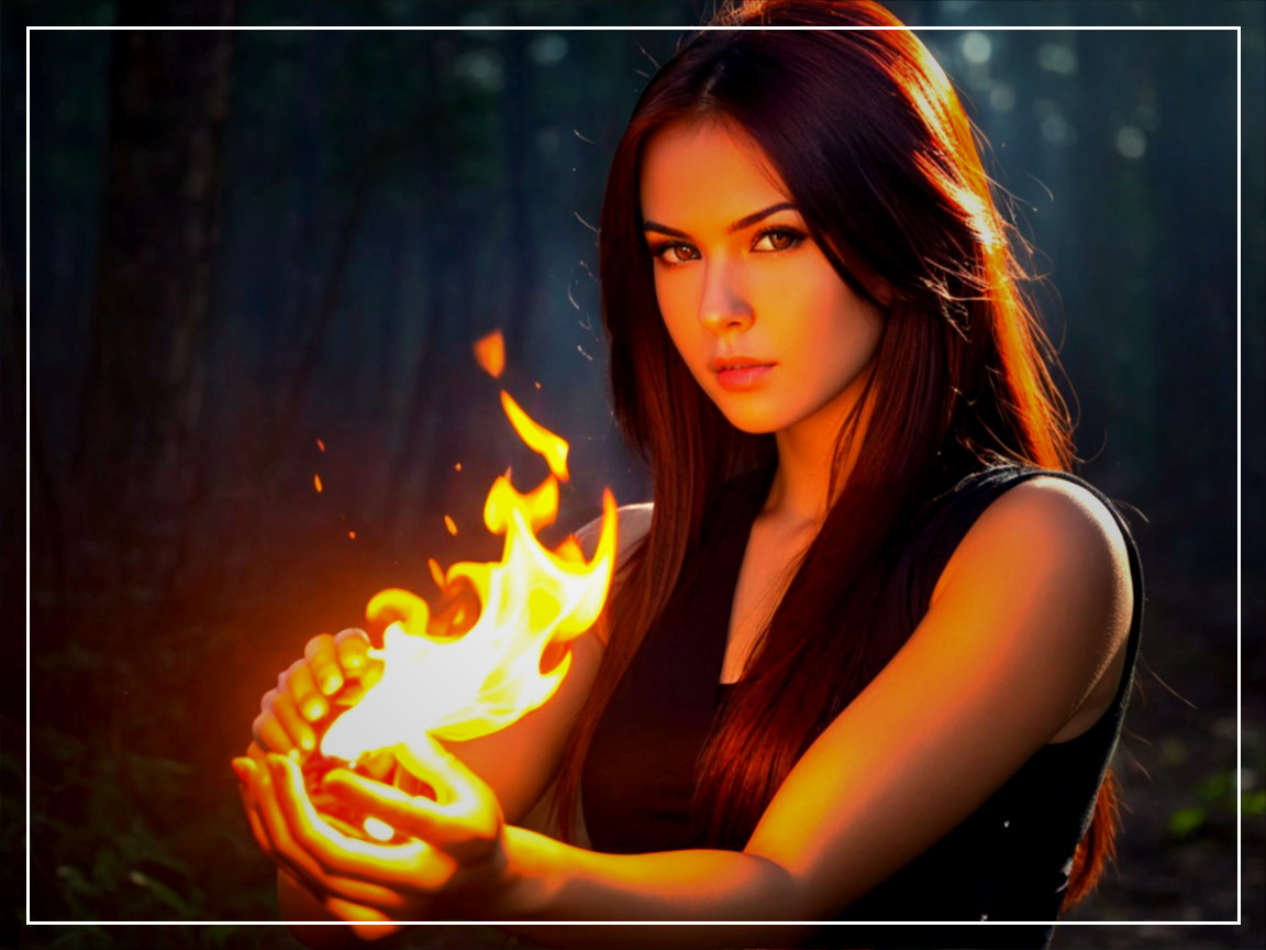 Young woman with flame in dimly lit forest scene