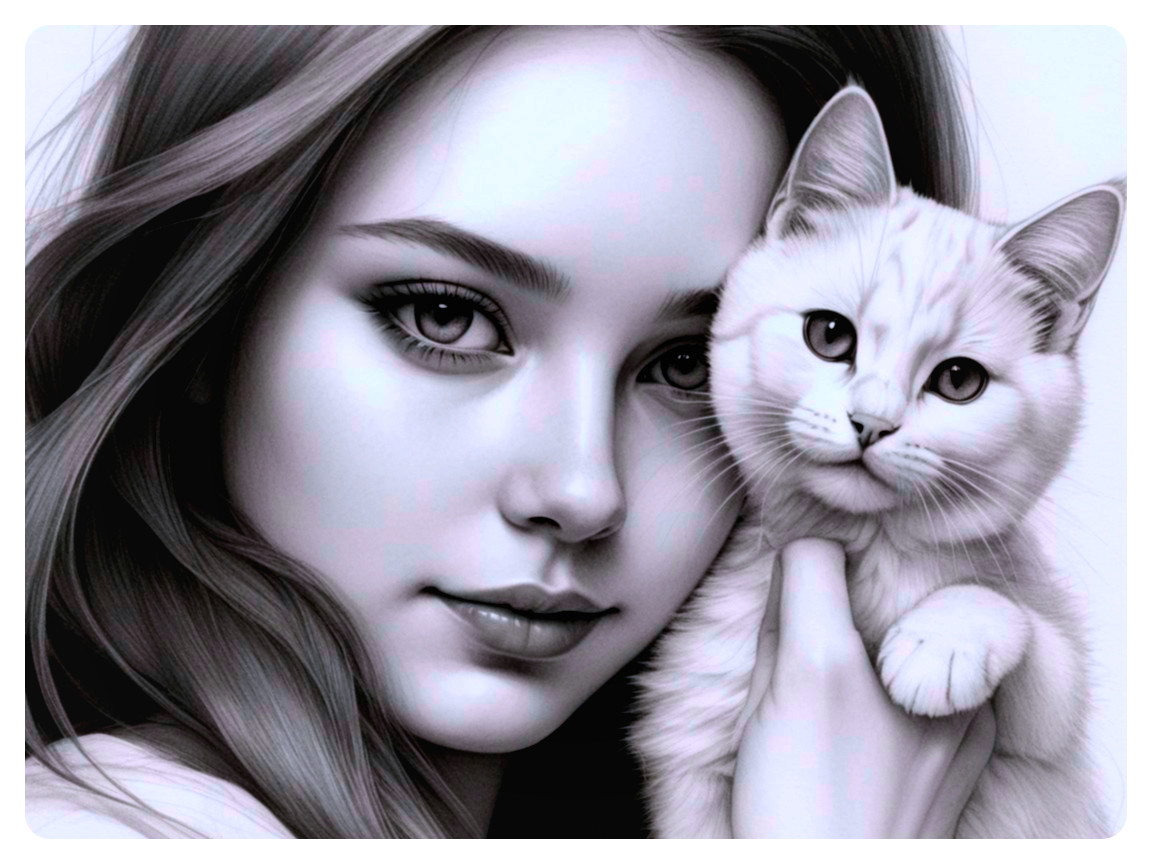 Monochrome Portrait of Woman with Cat in Gentle Embrace