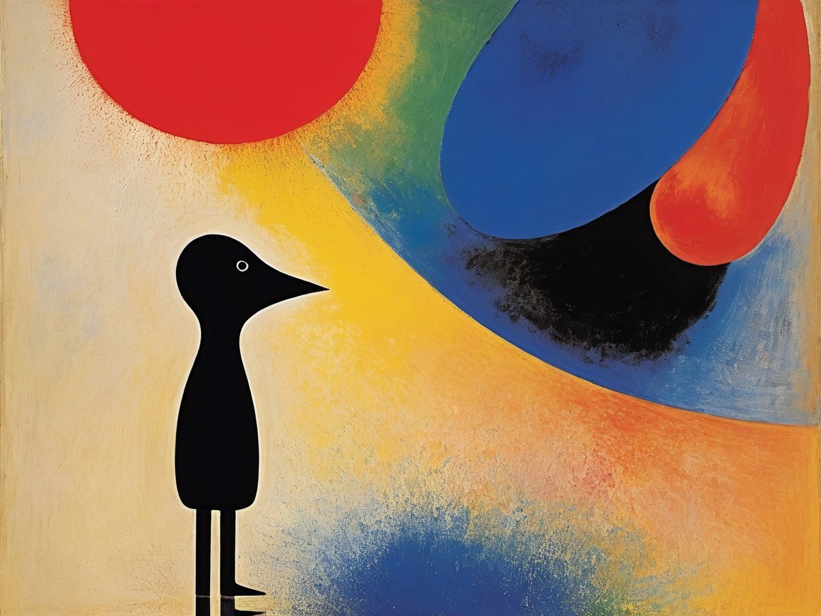 Minimalist Artwork with Bird Silhouette and Colorful Circles