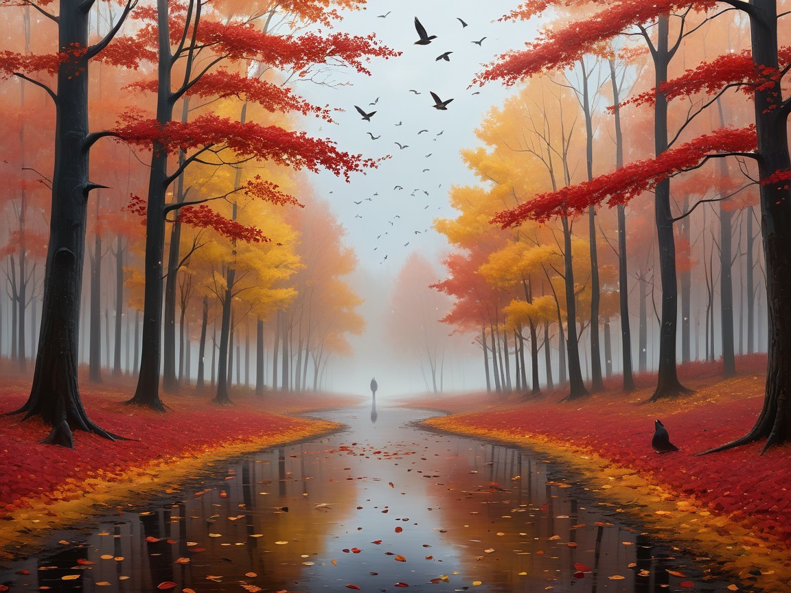 Autumn Landscape with Misty River and Vibrant Trees