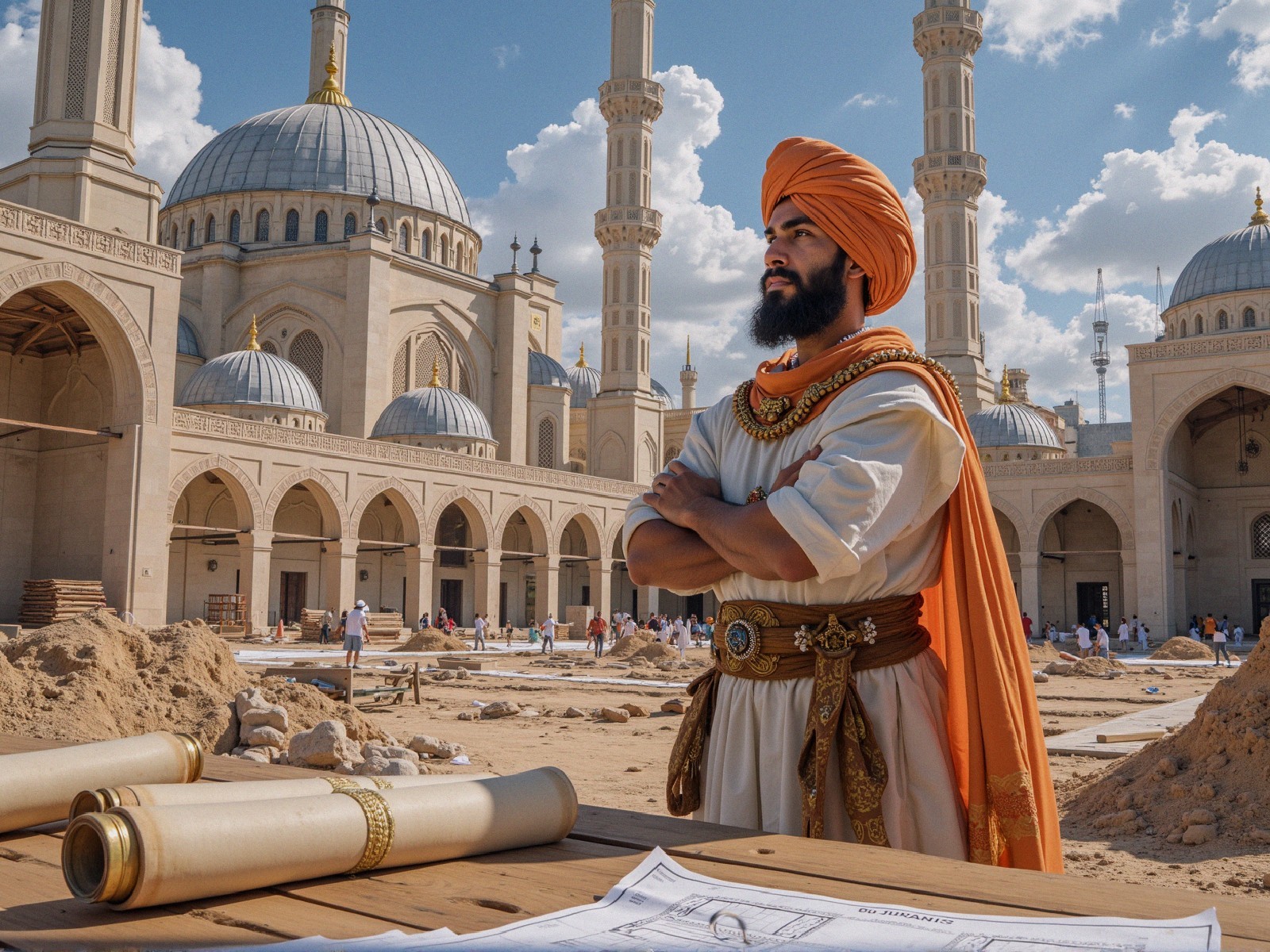 Man in Traditional Attire at Mosque Construction Site