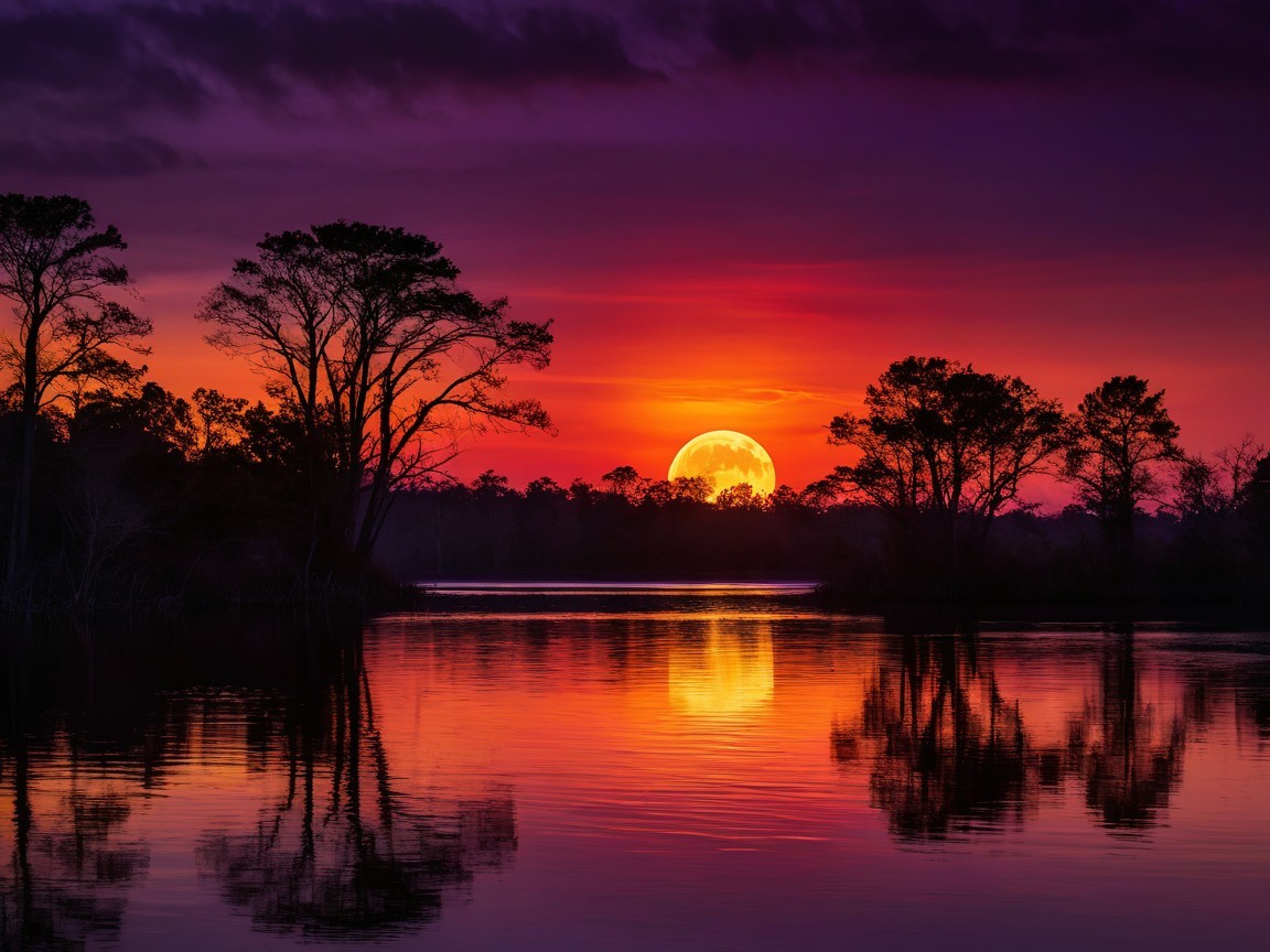 Tranquil Lake Sunset with Vibrant Sky Colors