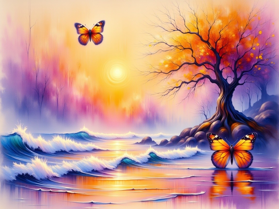 Serene Landscape with Sunset and Autumn Elements