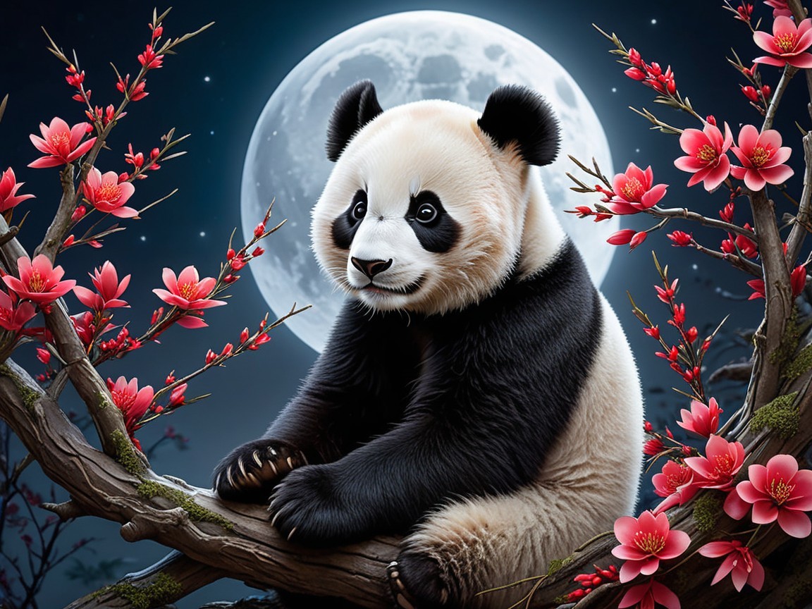 Panda on Branch Amid Cherry Blossoms and Full Moon