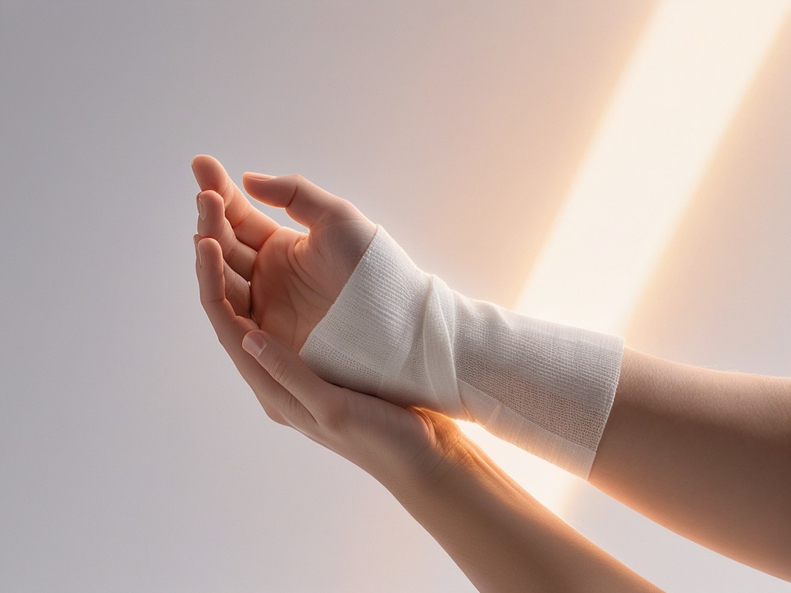 Close-Up of Hands with Bandage and Yellow Lighting