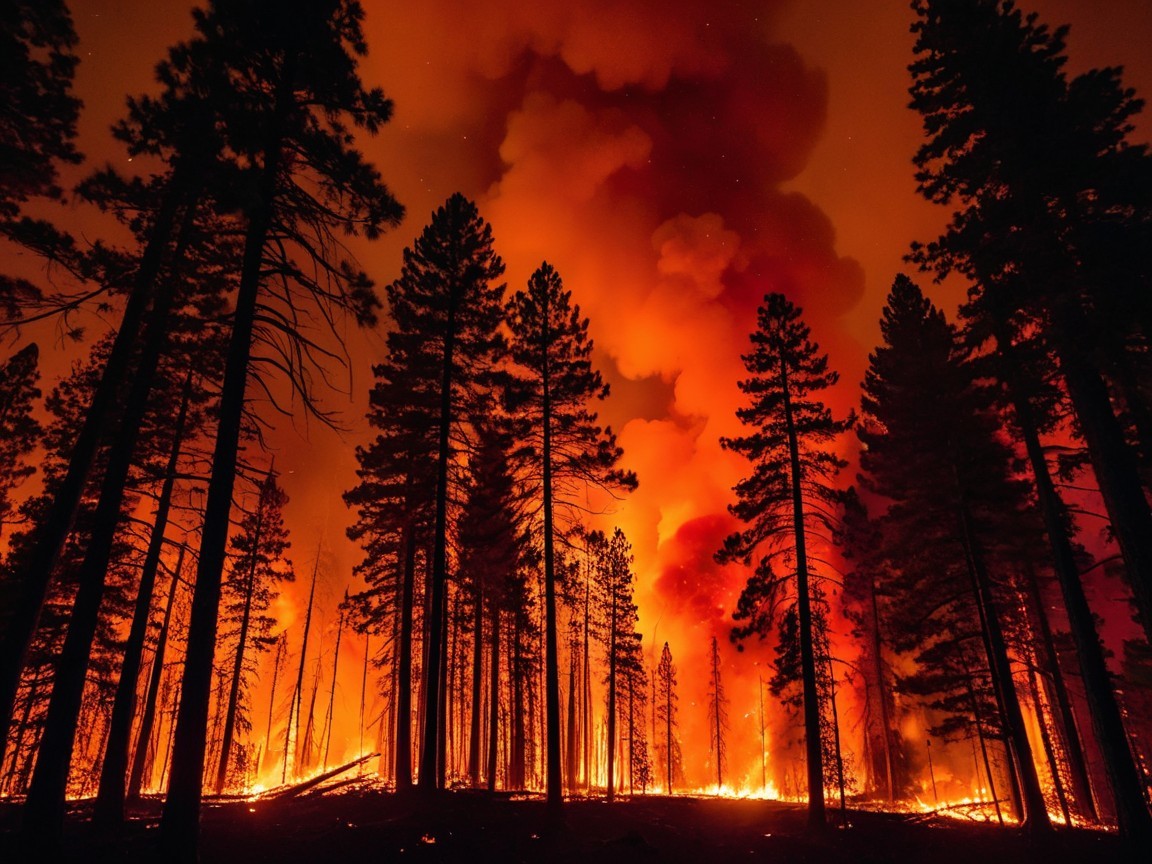 Nighttime Wildfire Scene with Flames and Smoke